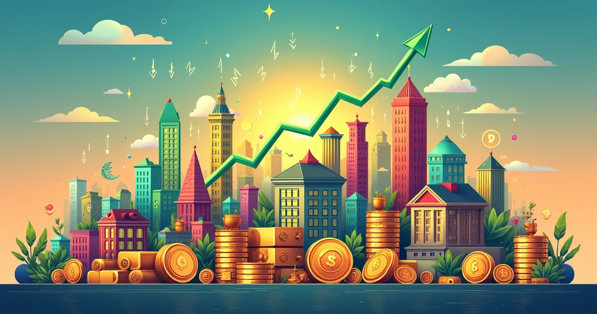Representação de portfólio de investimentos diversificado com ações, títulos, imóveis, criptomoedas e commodities.
