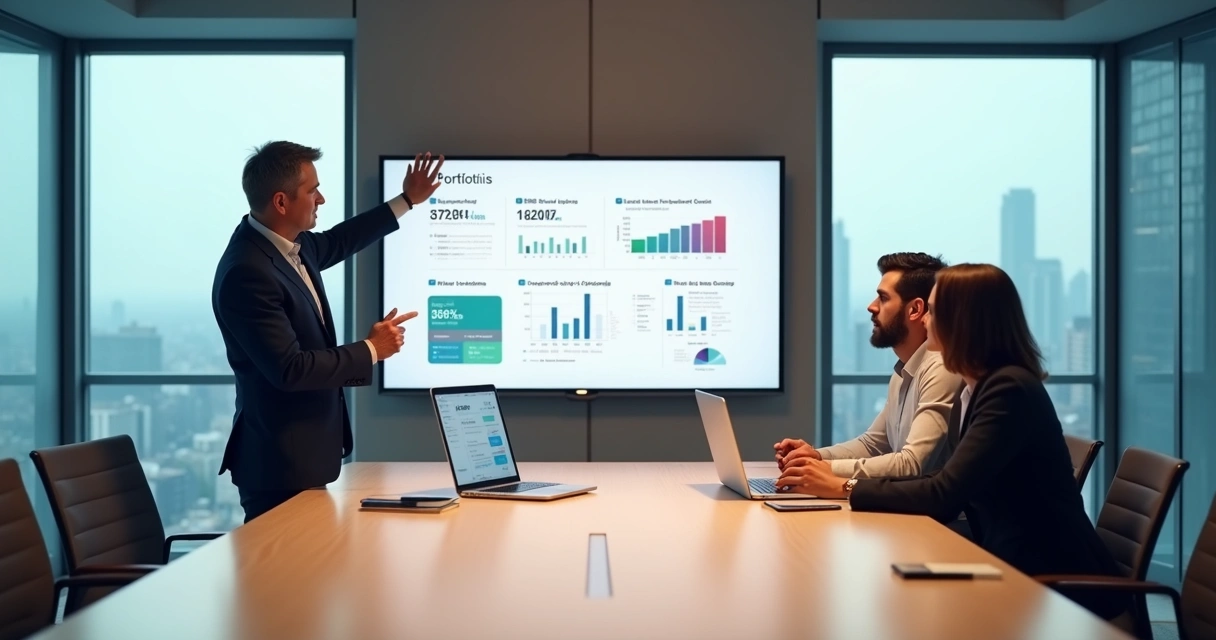 Profissional mostra portfólio digital em tela grande para dois clientes empresariais 