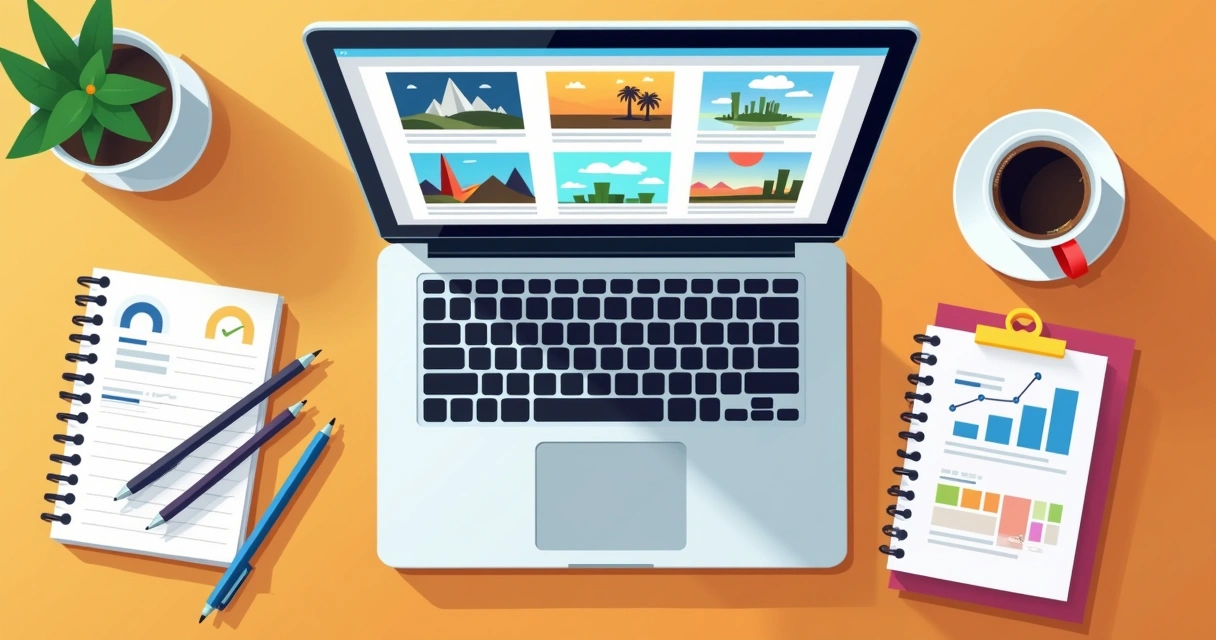 Portfólio digital aberto com imagens de projetos e gráficos de análise de resultados, em um notebook visto de cima 