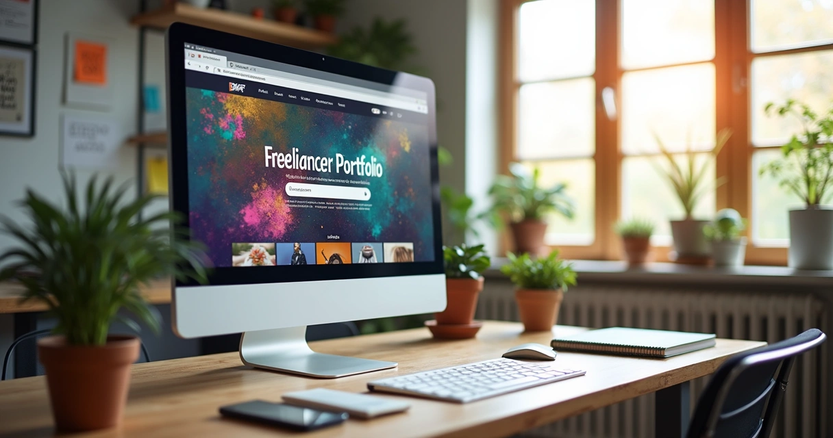 Tela de computador exibindo portfólio digital com projetos visuais