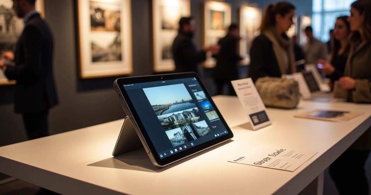 Tablet exibindo portfólio digital interativo de fotografia em uma mesa de feira 