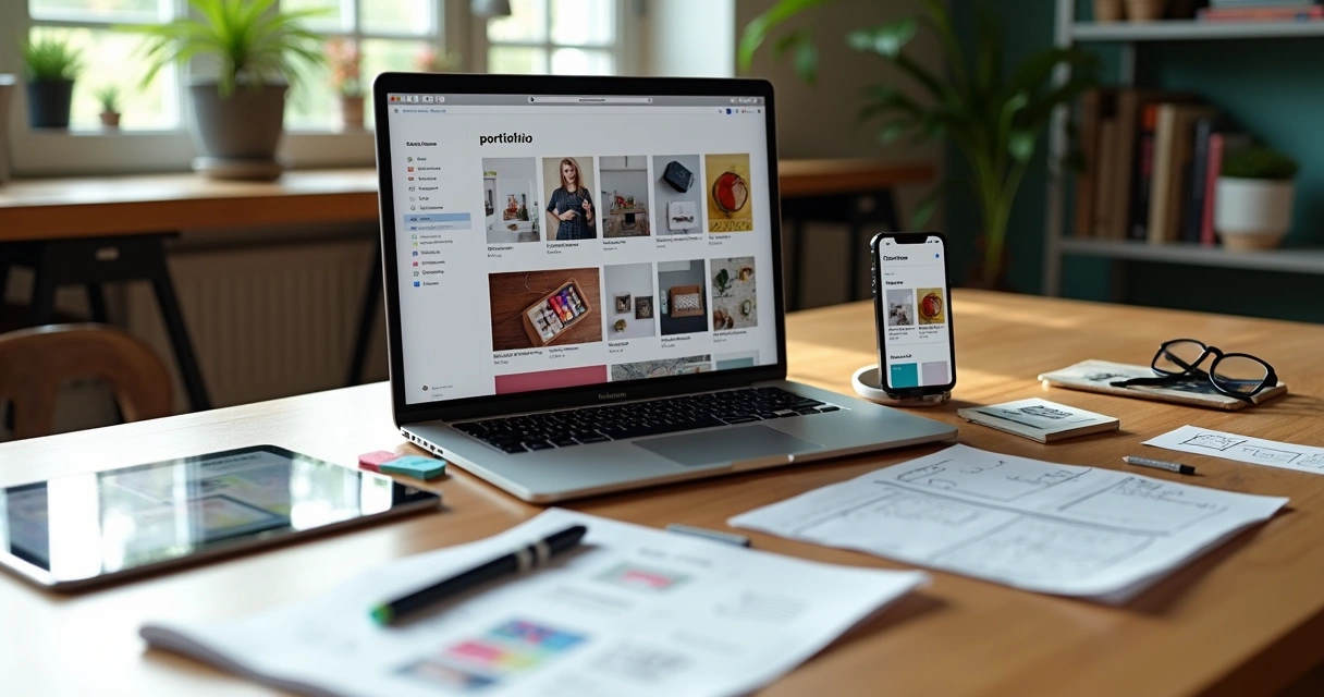 Profissional organiza portfólio digital em vários dispositivos sobre mesa criativa 
