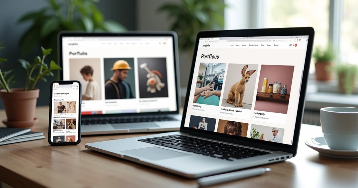 Mesa de trabalho digital organizada com laptop, tablet e vários projetos digitais exibidos na tela