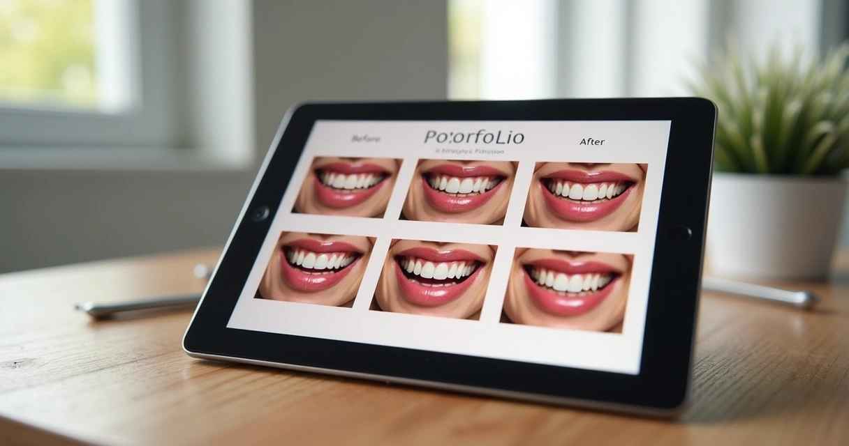 Portfólio digital de clínica odontológica em tablet mostrando antes e depois 