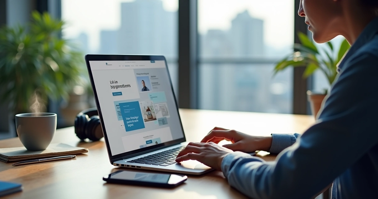 Profissional organizando portfólio digital em notebook com layout moderno na mesa de trabalho 