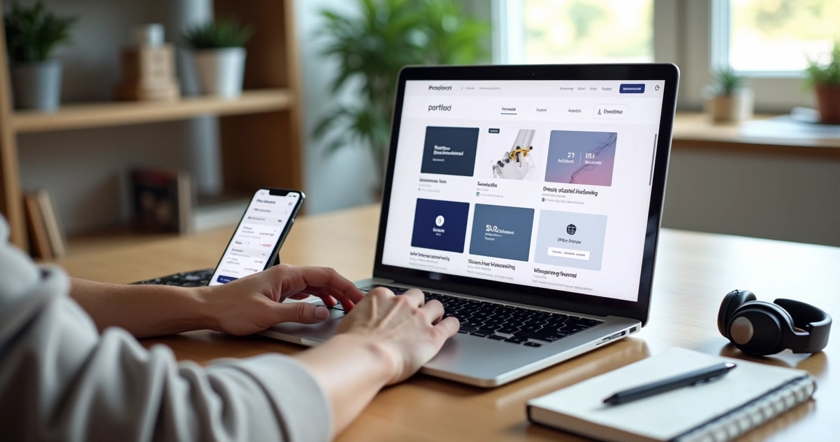 Profissional navegando em portfólio digital em notebook moderno sobre mesa de trabalho organizada 
