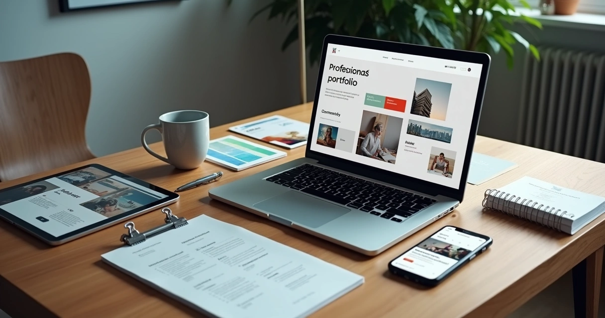 Profissional organizando portfólio digital em laptop sobre mesa de trabalho criativa 