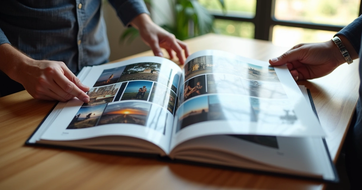 Portfólio de fotografia aberto com fotos coloridas e em preto e branco sendo analisadas por duas pessoas 