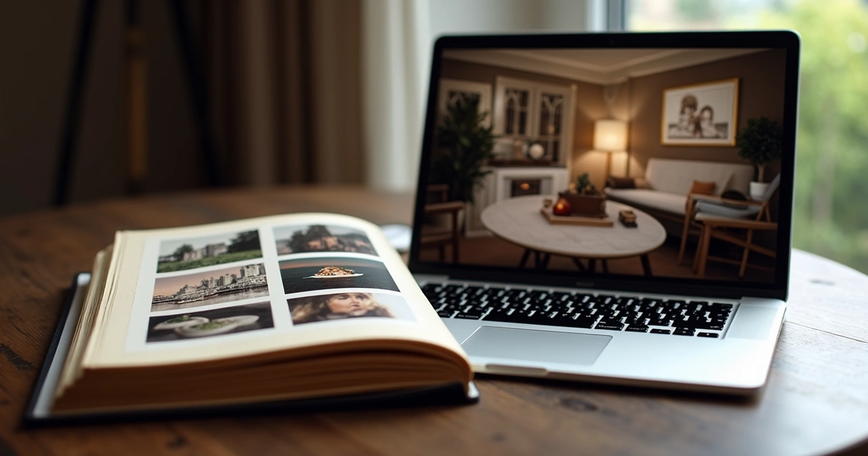 Duas metades de um portfólio, uma impressa e uma digital, lado a lado 