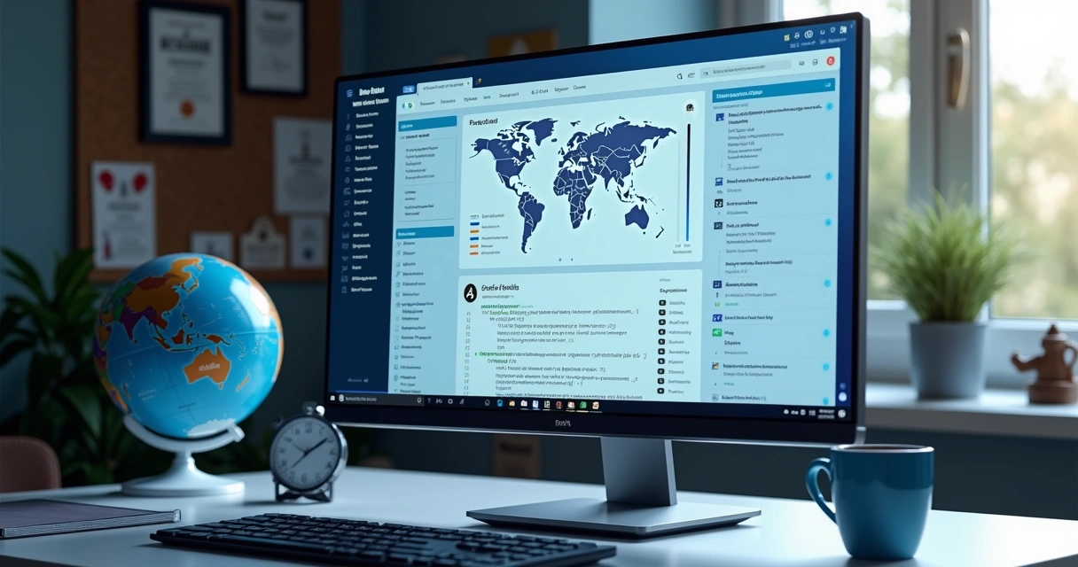 Tela de computador mostrando projetos GitHub alinhados com um currículo digital, com ícones de código e diplomas ao fundo 