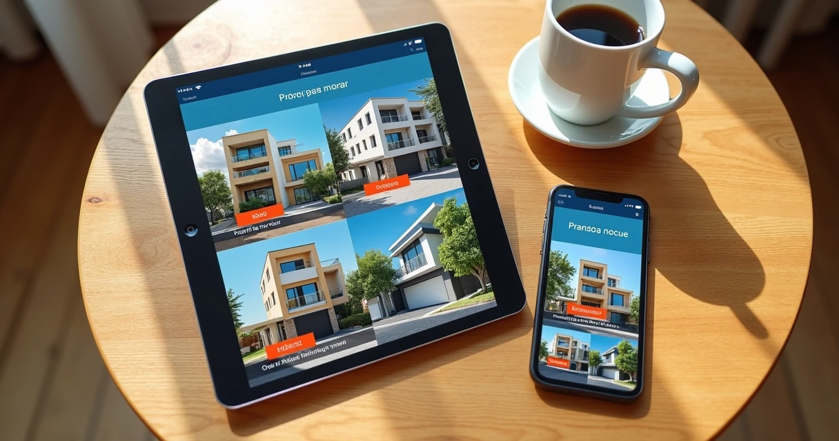 Portfólio digital de imóveis exibido em tablet e smartphone sobre mesa 