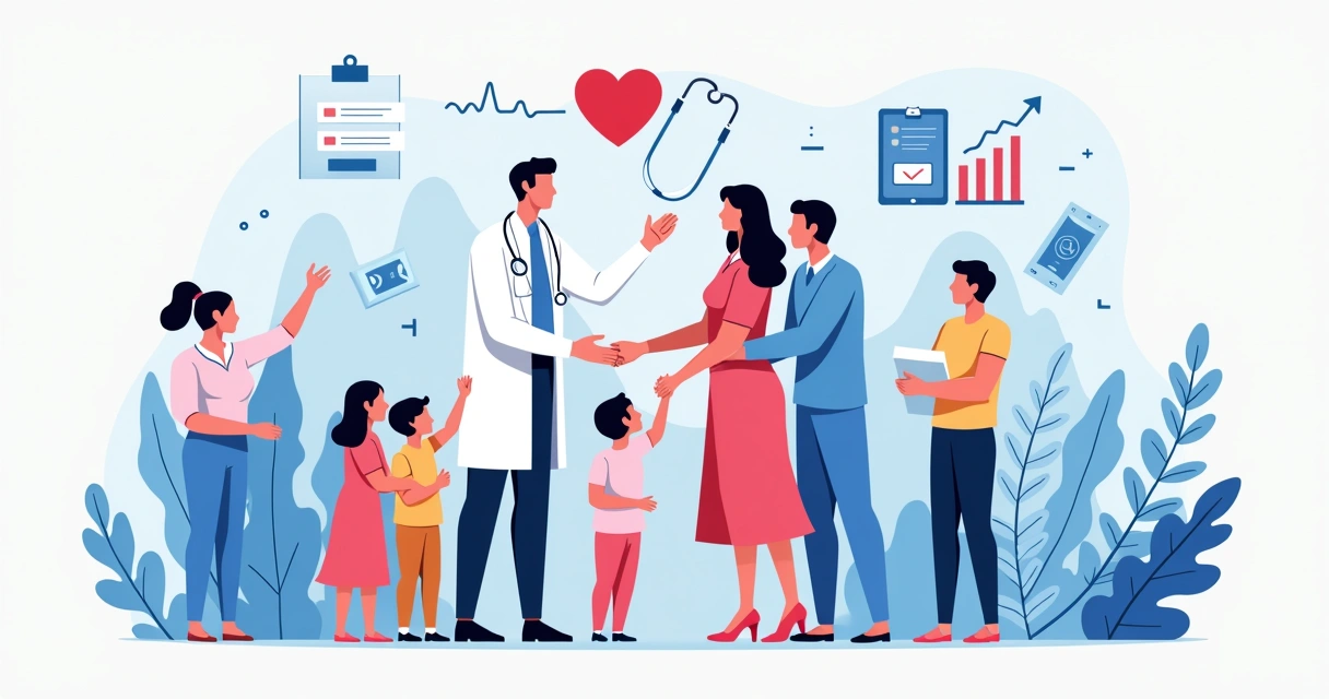 Ilustração mostra médicos, crianças e famílias ao redor de ícones médicos, gráficos e cédulas de dinheiro, visual moderno. 