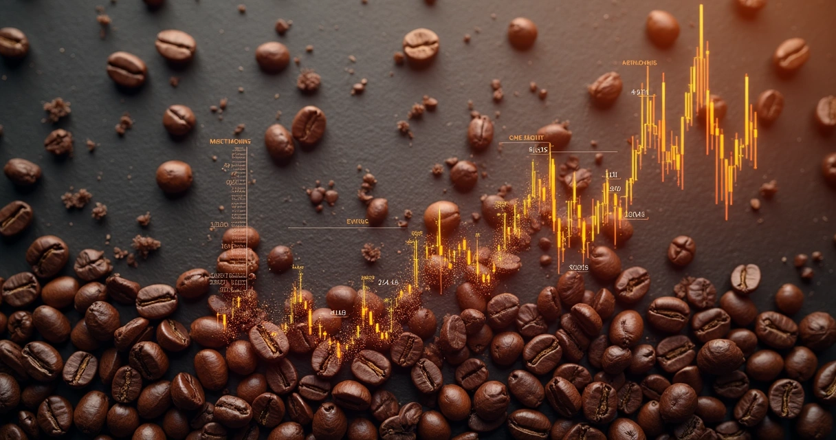 Coffee beans on table with market graphs overlay 