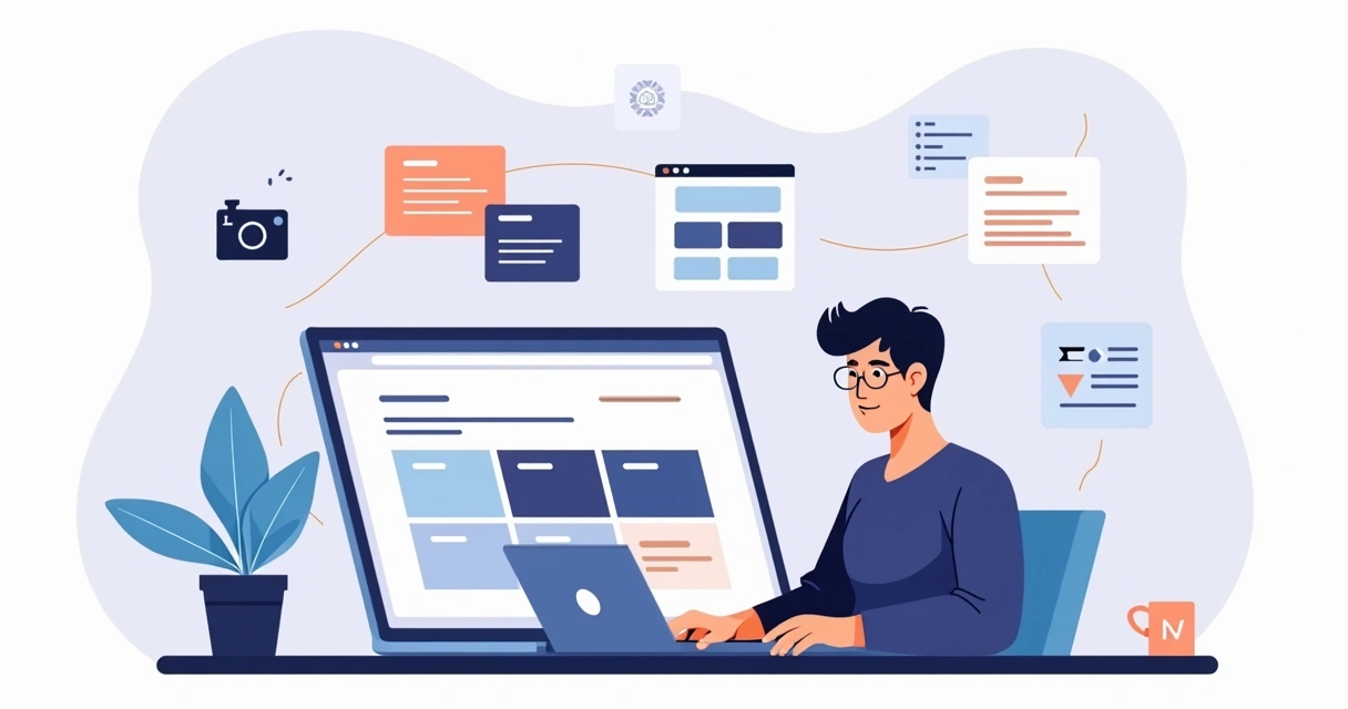 Ilustração de profissional criando portfólio online em laptop com layout limpo e moderno 