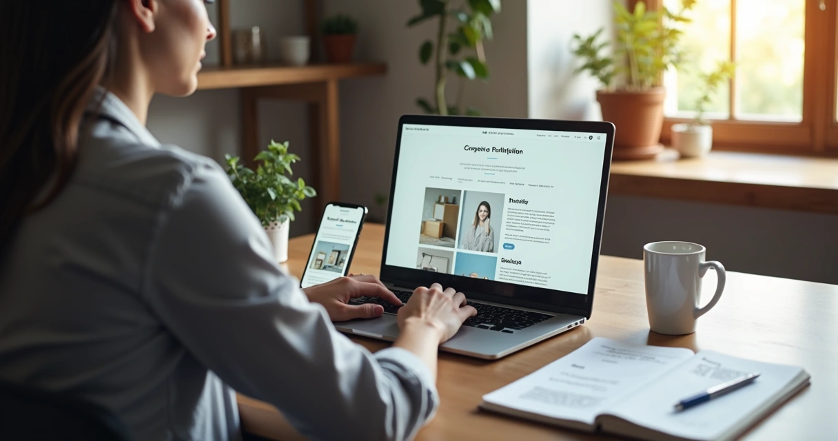 Profissional organizando portfólio online em laptop com layout moderno 