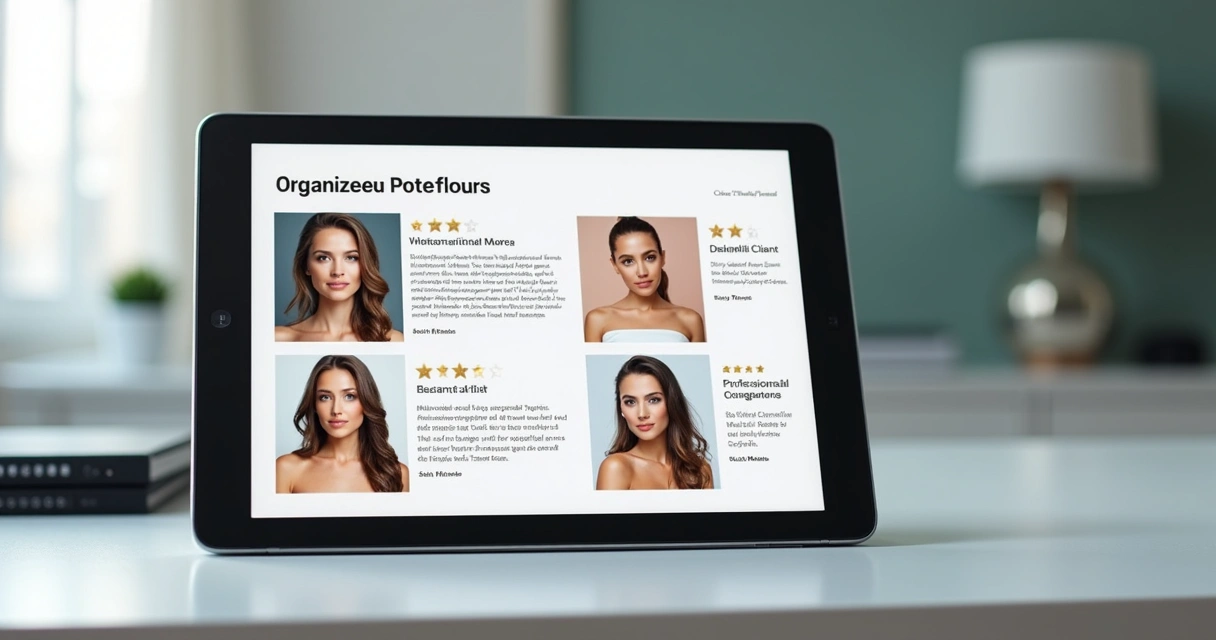 Portfólio digital de provas sociais organizado em tablet de clínica facial 