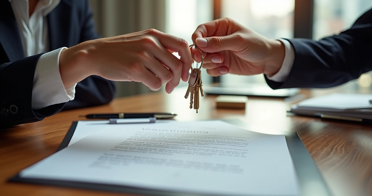 Hands exchanging keys and documents over a luxury property contract.