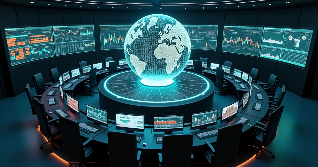 Abstract control room visualizing portfolio risk stress testing 