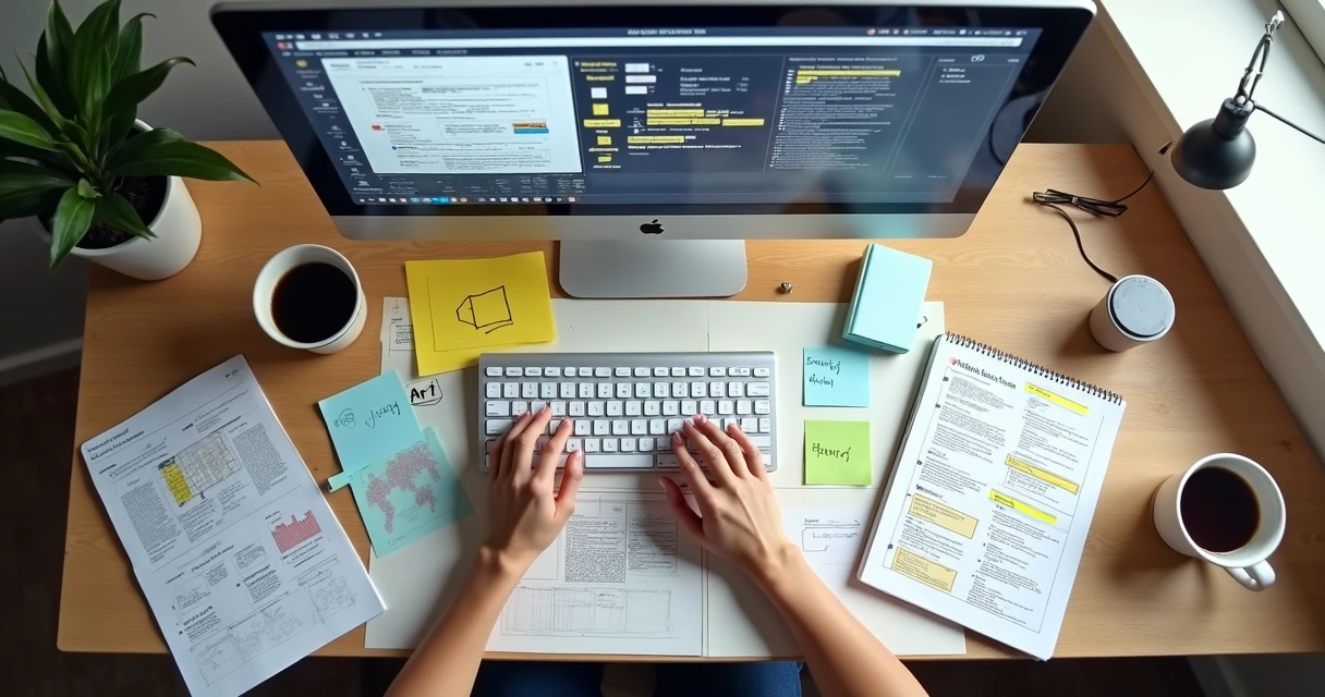 Painel de pesquisa e wireframes em tela de computador e caderno 