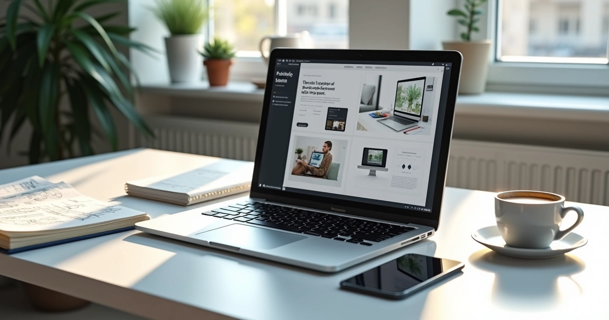 Mesa de trabalho com laptop exibindo portfólio UX, materiais de design e anotações ao lado, ambiente moderno e iluminado 