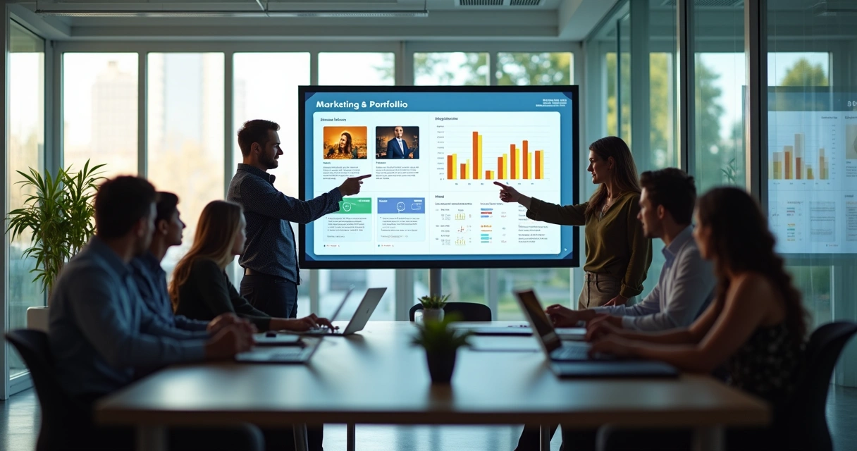 Equipe faz reunião em sala moderna, discutindo portfólio digital exibido em tela grande