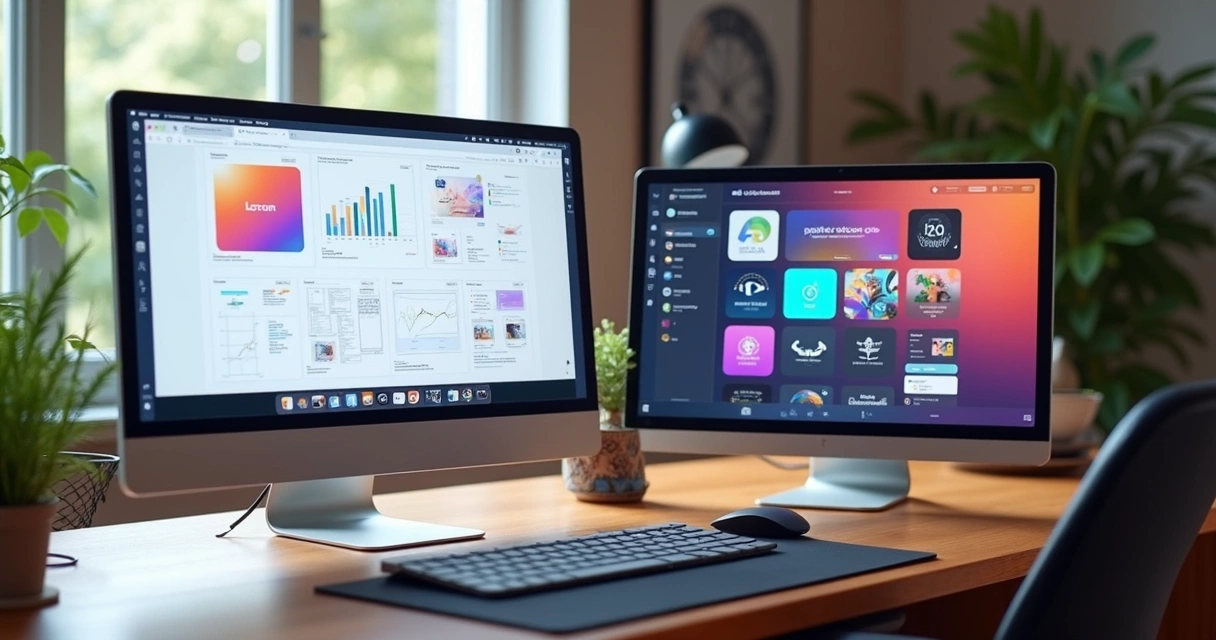 Mesa com dois computadores exibindo portfólios digitais, um mostrando design UX com wireframes e diagramas, outro mostrando design UI com telas coloridas e elementos visuais, ambiente moderno, luz natural suave 