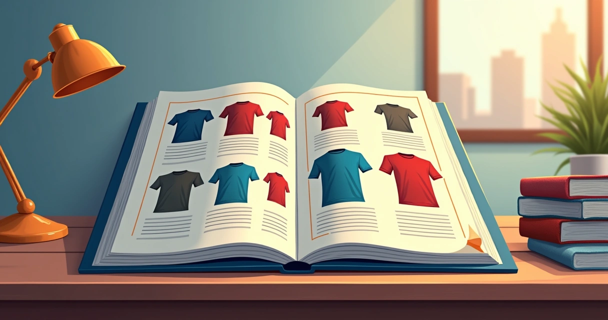 Mostruário impresso com portfólio real de estamparia de camisetas na Baixada Fluminense sobre mesa 