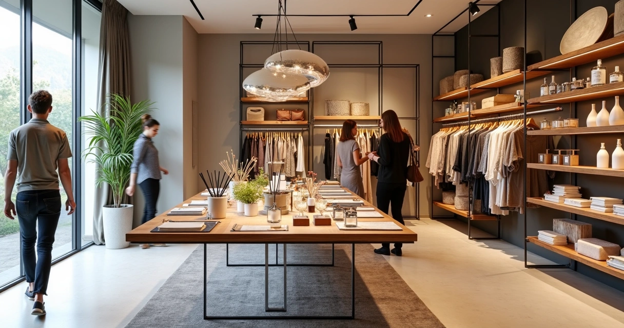 Ambiente interno de loja com itens de moda e decoração disponíveis para clientes 