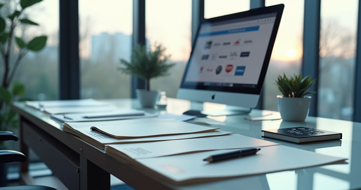 Portfólio de marcas em pastas organizadas em um escritório moderno 