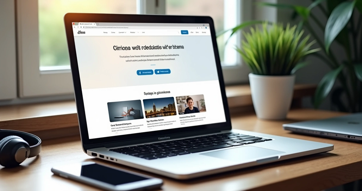 Portfólio online exibido em tela de notebook em ambiente limpo
