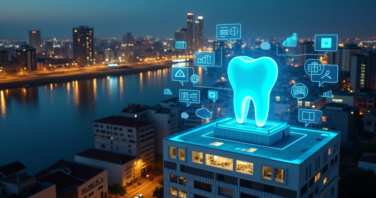 Vista aérea noturna de Porto Alegre com ícones digitais sobre clínica odontológica 