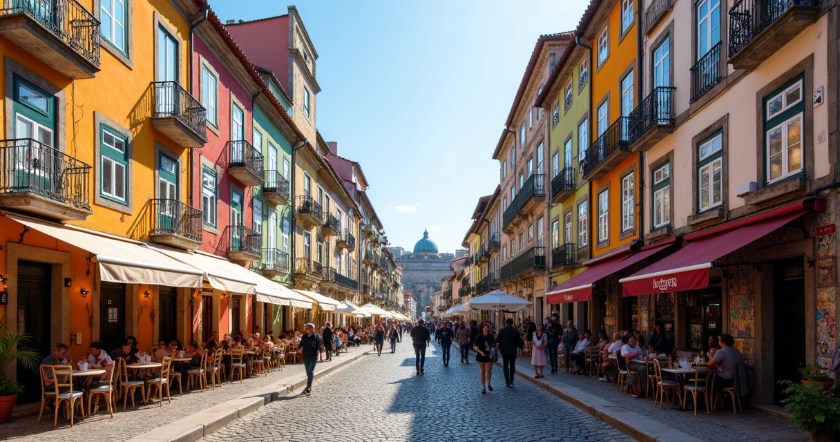 Rua movimentada no centro histórico do Porto com fachadas coloridas 
