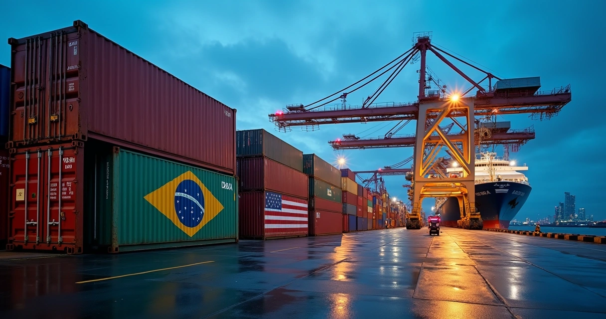 Terminal de contêineres movimentado com bandeiras do Brasil e dos EUA 