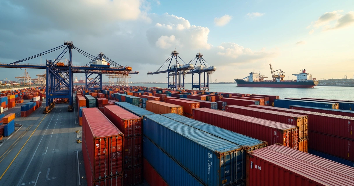 Porto com vários contêineres coloridos e guindastes de carga 