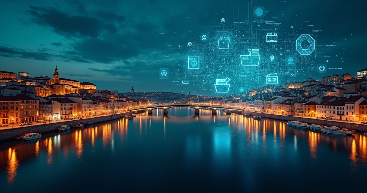 Night view of Porto skyline with floating transparent data layers 