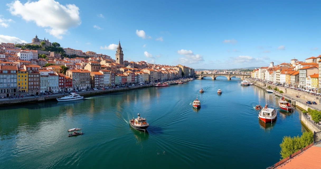 Vista de edifícios coloridos e barcos no Cais do Porto em Portugal 