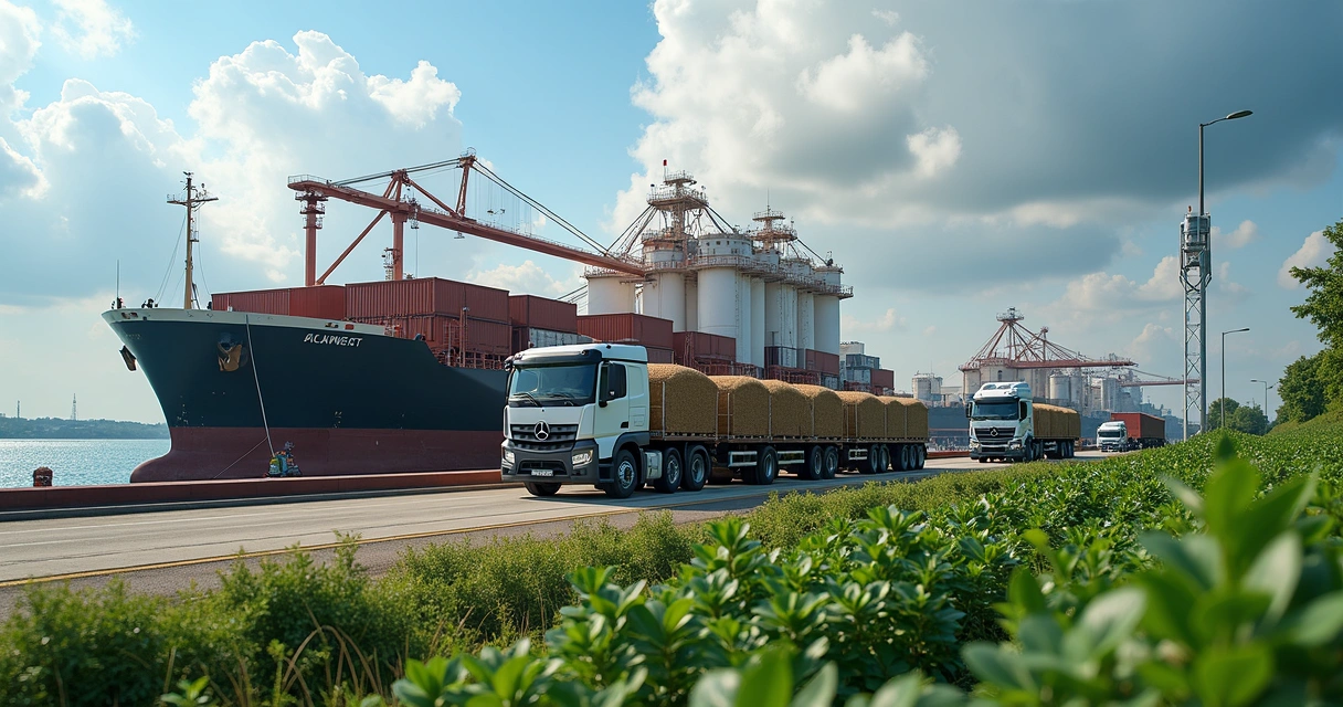 Porto movimentado com navios transportando soja, silos ao fundo e caminhões descarregando grãos. 