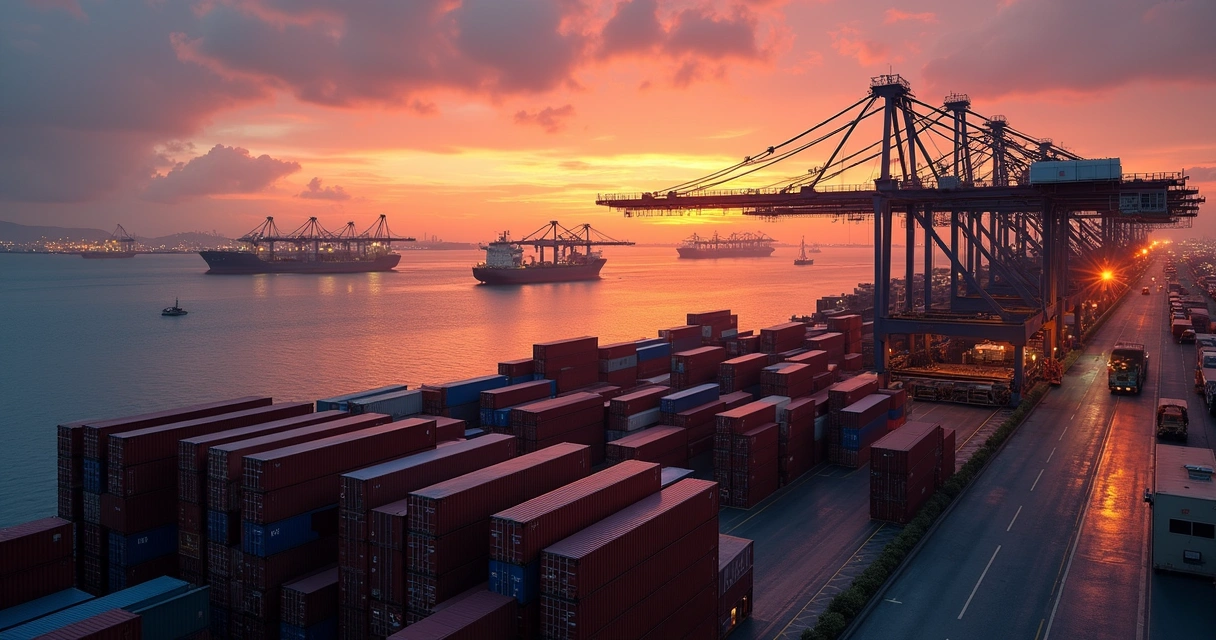 Navios e contêineres em porto movimentado na América Latina ao entardecer 