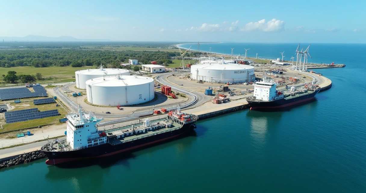 Terminal portuário com tanques de hidrogênio e navios de transporte no Ceará 