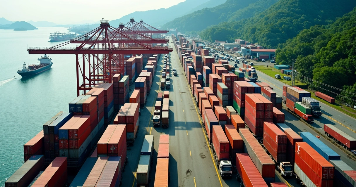 Porto brasileiro congestionado com contêineres e caminhões 