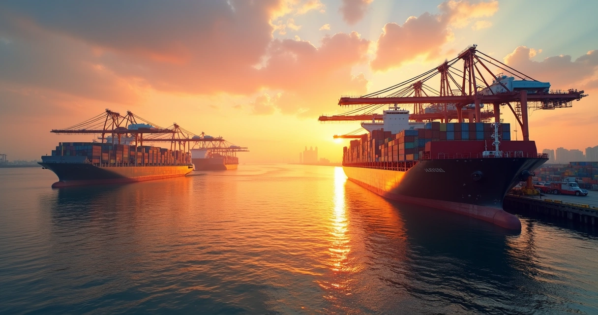 Navios no porto sendo carregados com containers ao entardecer 