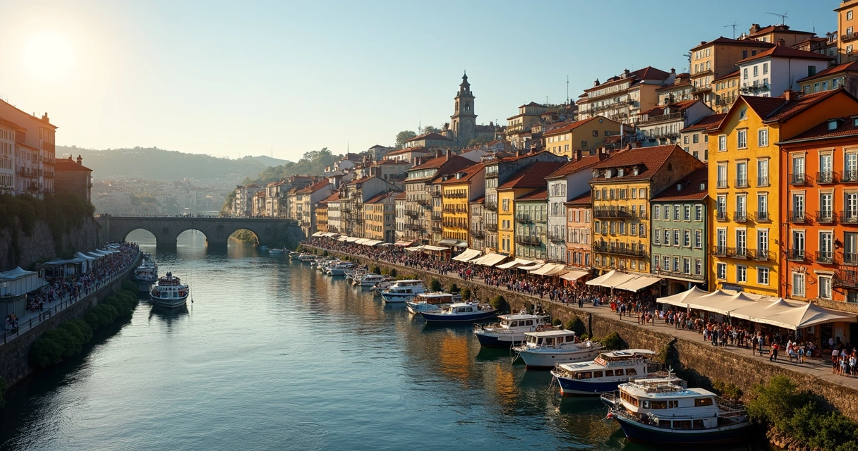Vista panorâmica da Ribeira do Porto com turistas caminhando ao longo do rio Douro 