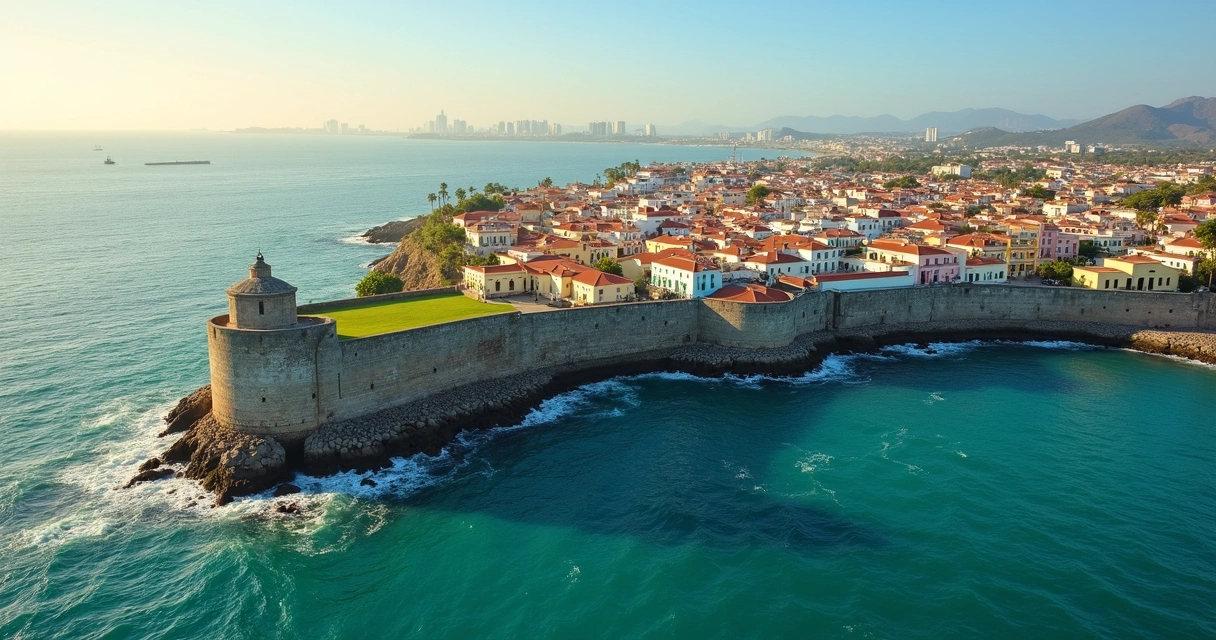 Vista aérea de Viejo San Juan com muralhas, casario colorido e mar azul turquesa 