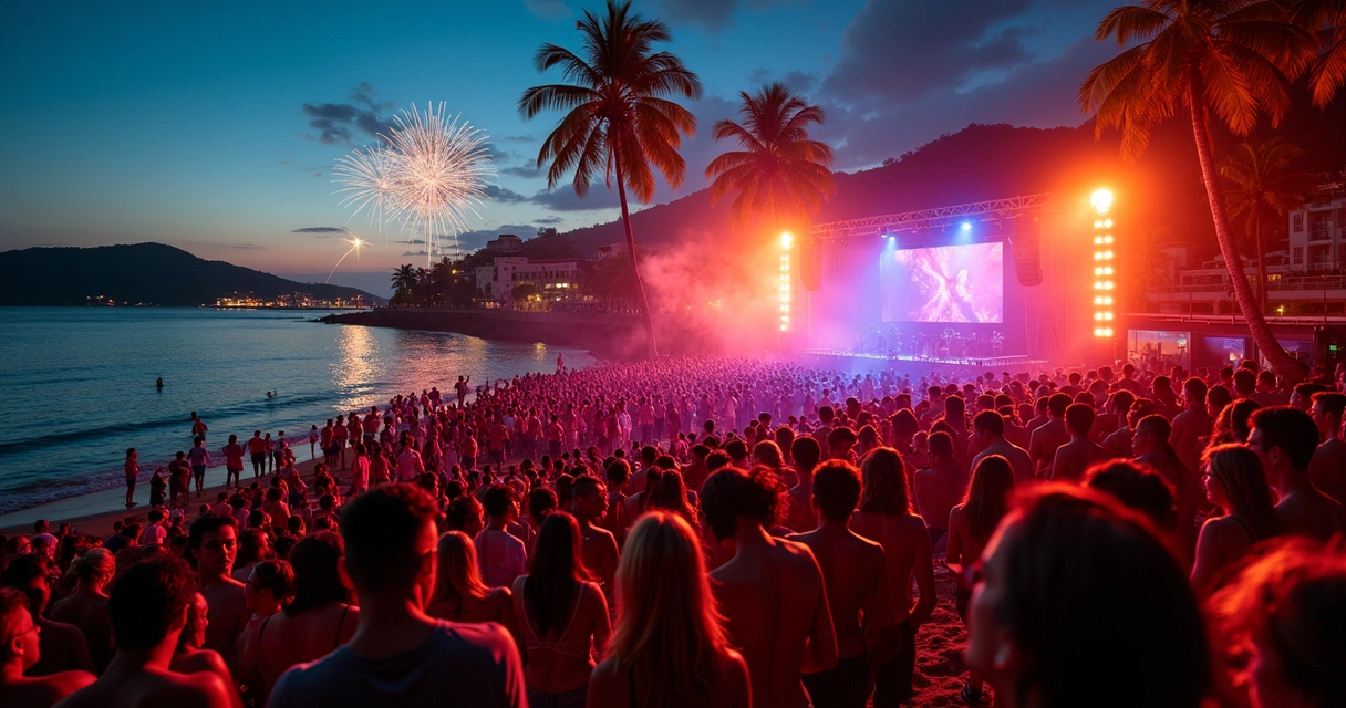 Show de axé na praia em Porto Seguro durante o Réveillon, jovens dançando na areia 