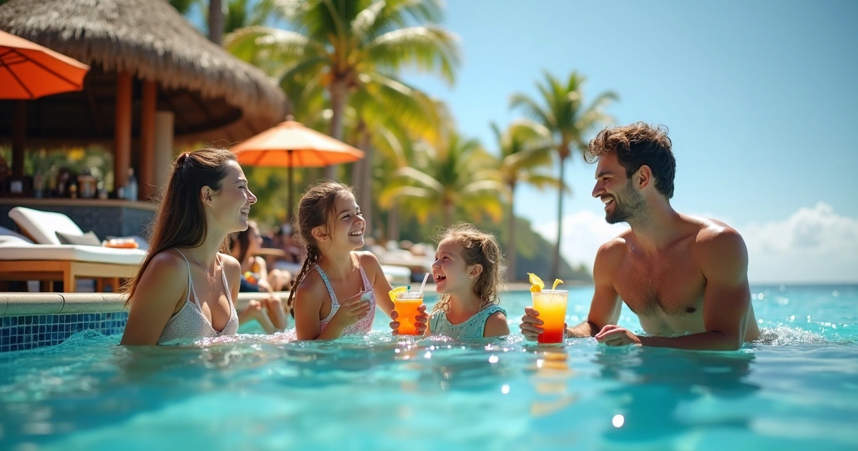Família se divertindo à beira da piscina do resort 