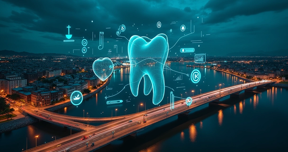 Vista aérea de Porto Velho à noite com ícones digitais de marketing e odontologia sobrepostos 