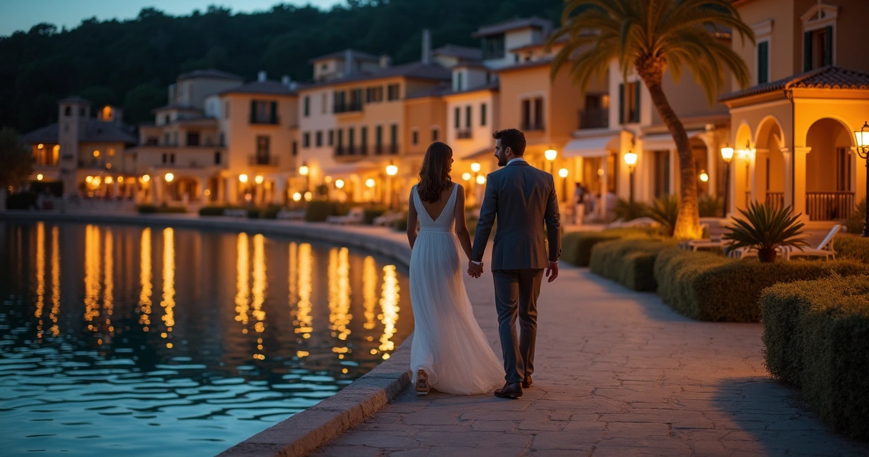 Casal em clima romântico no Portofino Bay, à beira da lagoa 