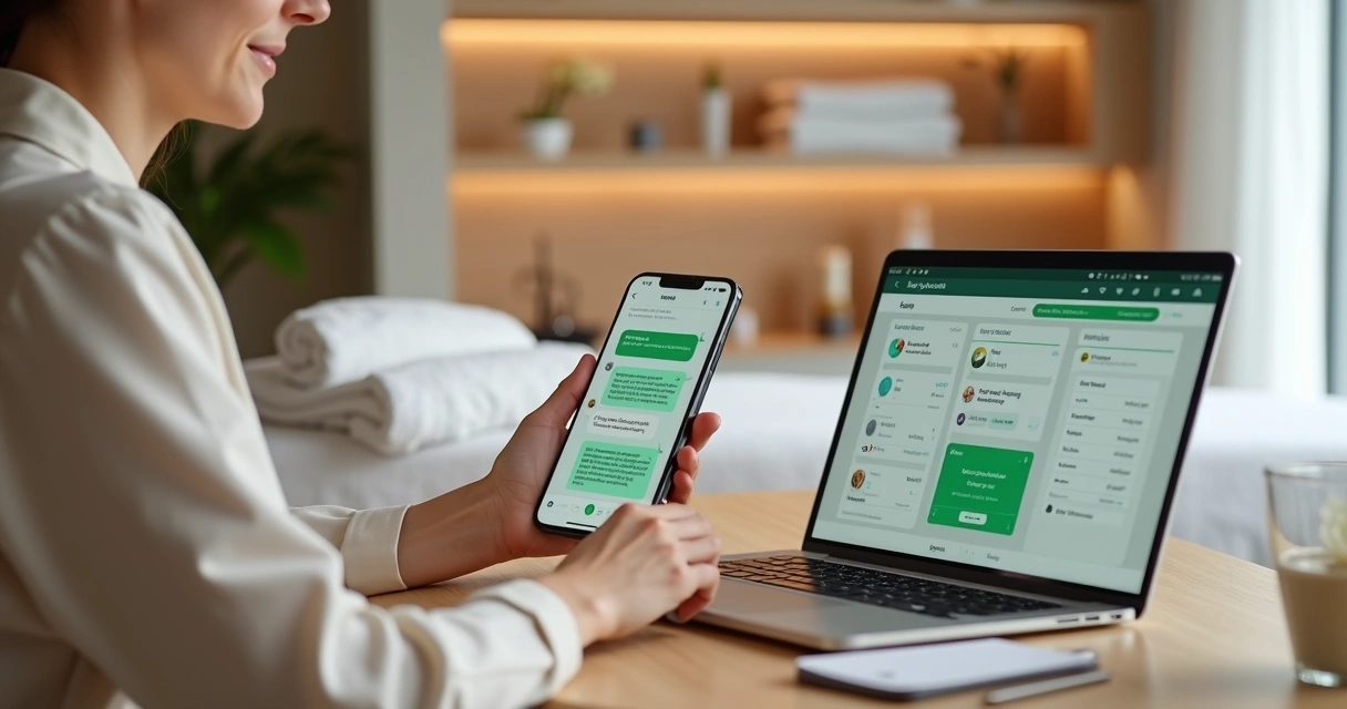 Esteticista usando WhatsApp para pós-atendimento personalizado com cliente em clínica moderna 
