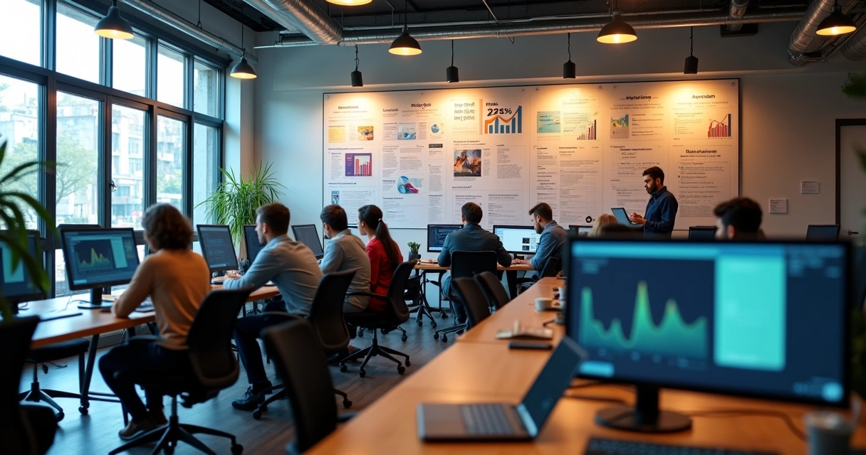 Equipe de vendas analisando listas de leads em loja digital 