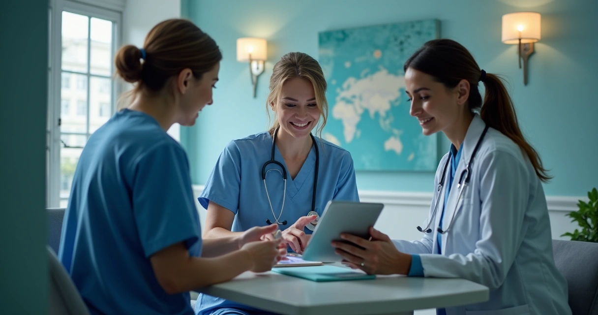 Equipe de enfermagem enviando mensagem pós-operatória para paciente por tablet no consultório 